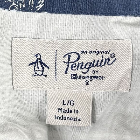 Penguin Large Hawaiian Aloha Shirt Floral Palms Tiki Hut Blue Short Sleeve - Picture 3 of 4